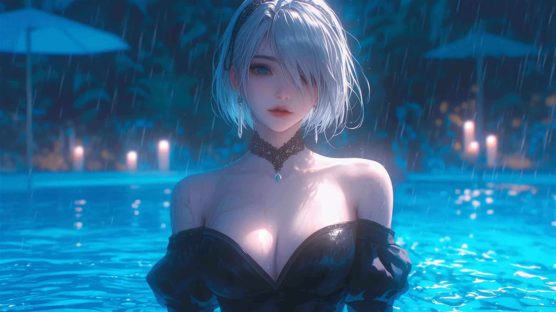 2B from Nier in pink attire, relaxing at a rainy pool under moonlight