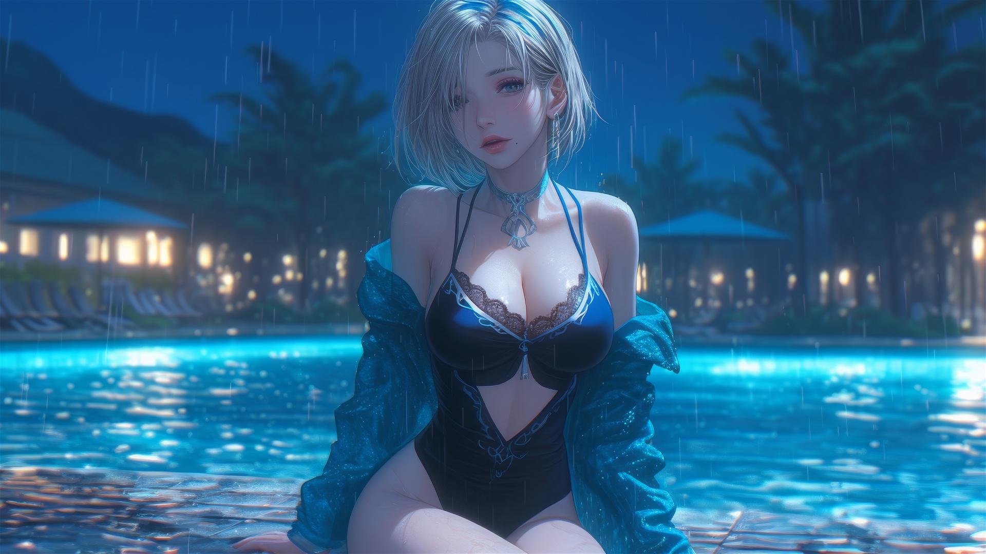 2B from Nier sits casually by a rainy swimming pool, moonlight casting a glow