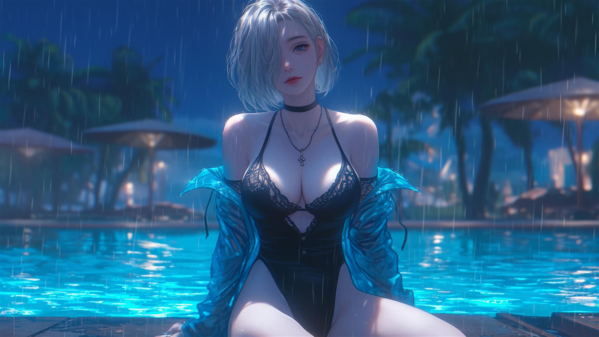 2B from Nier in casual attire relaxing by a rainy swimming pool under moonlight.