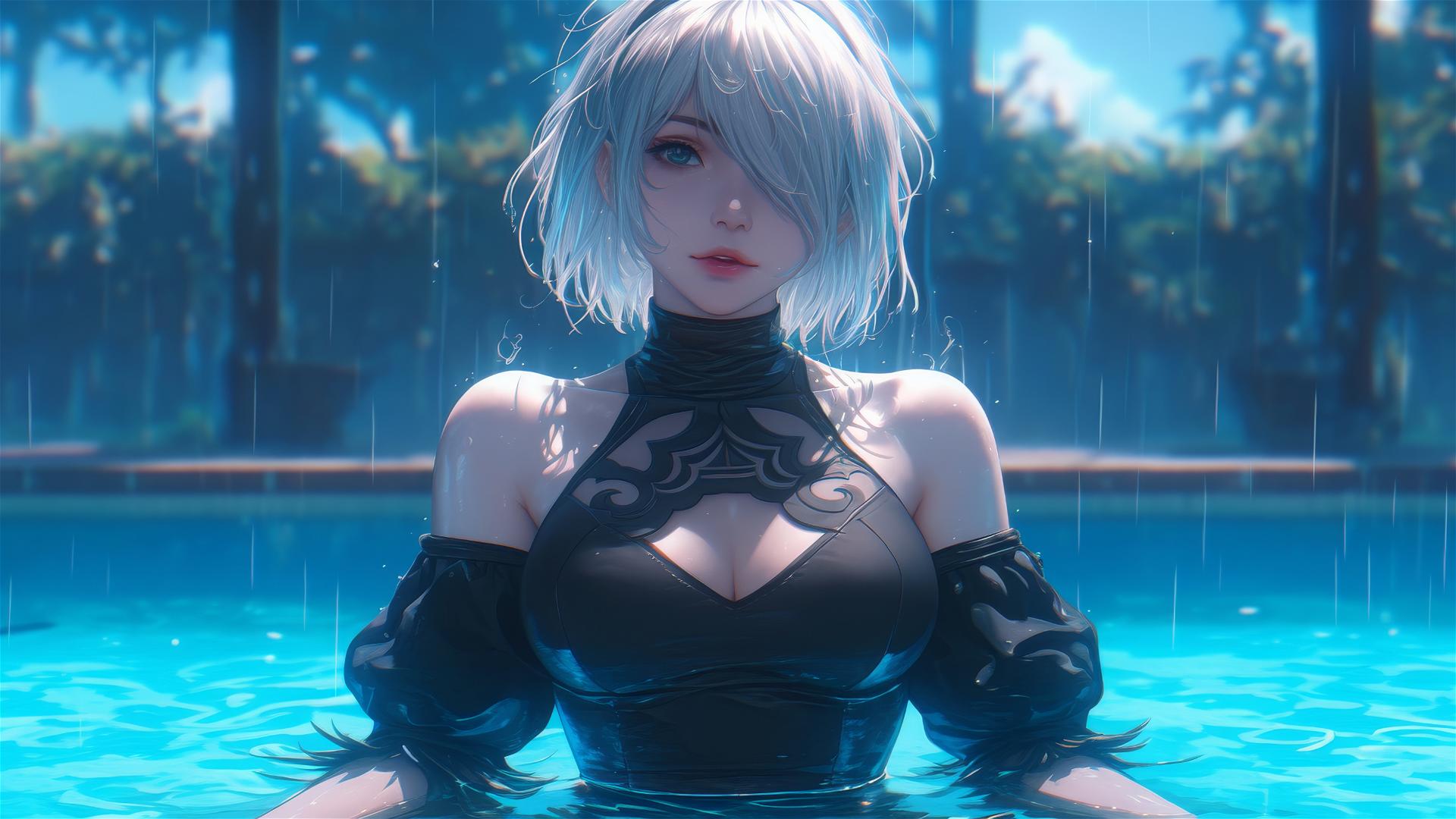 2B from Nier in casual attire sitting relaxed by a rainy swimming pool under moonlight.