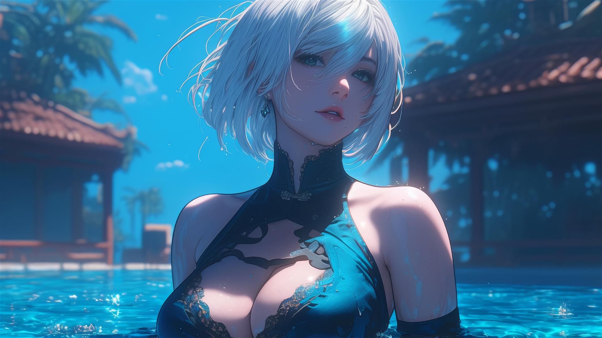 2B from Nier in casual attire, sitting relaxed by a rainy pool under moonlight.