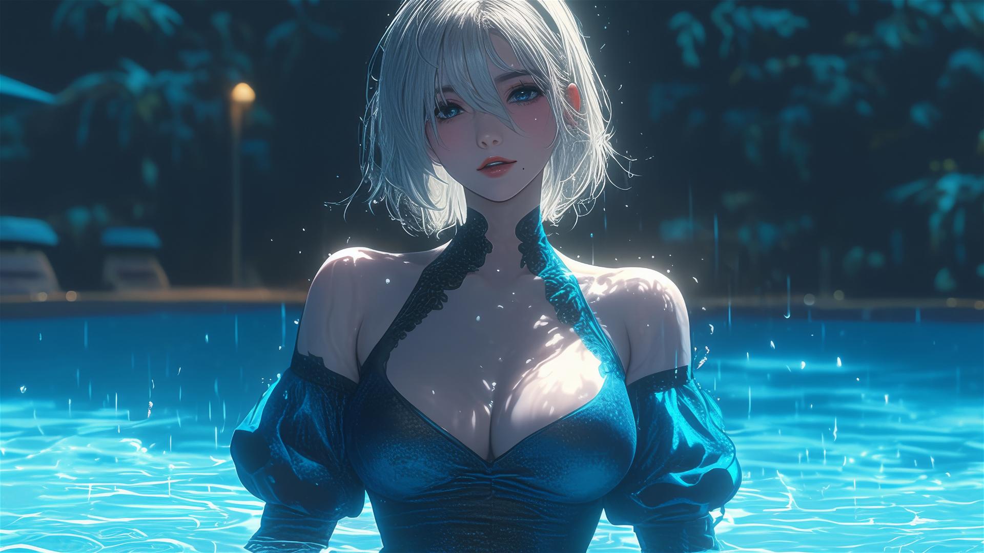 2B from Nier in casual attire, relaxed sitting by a rainy pool in moonlight.