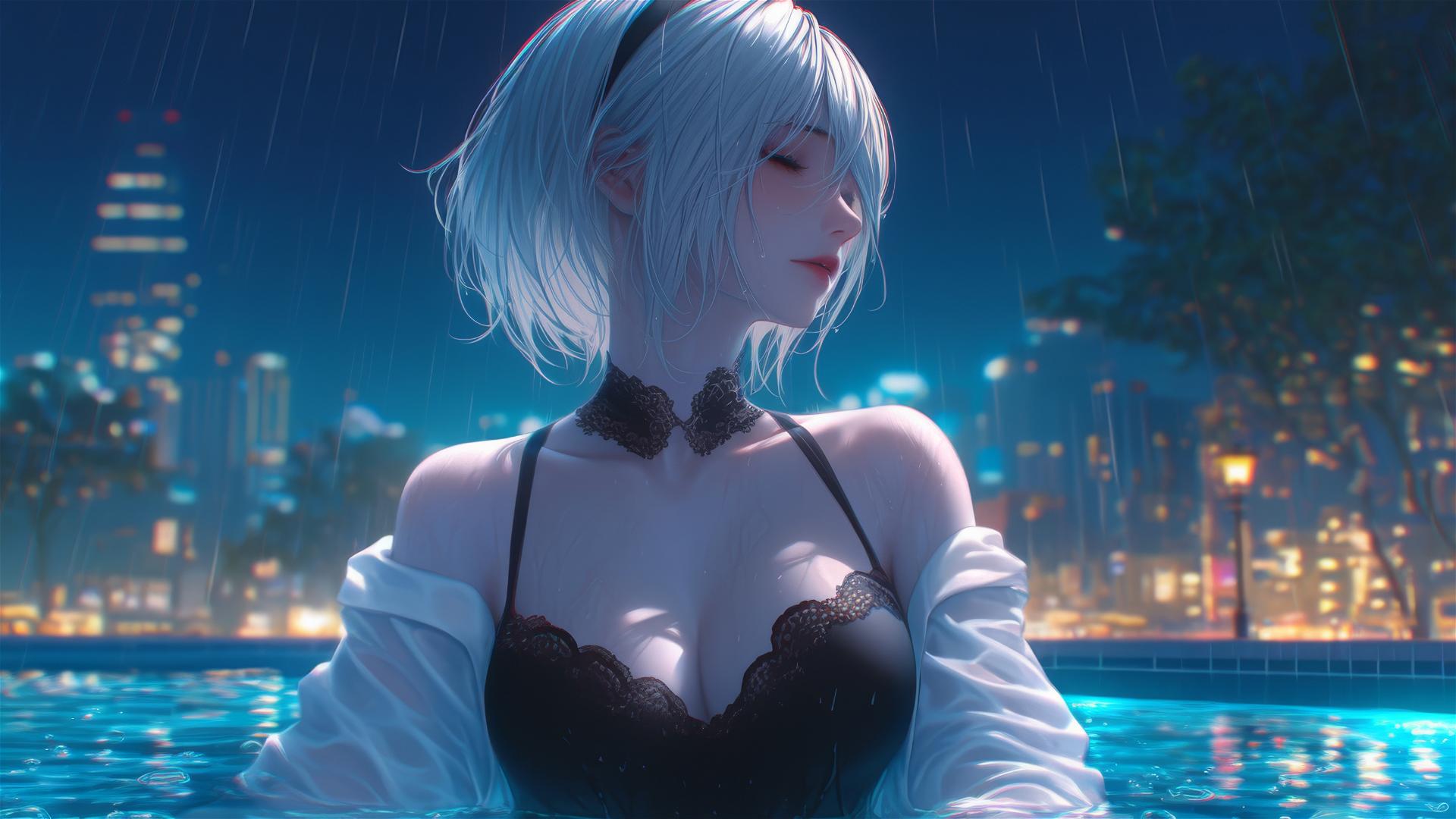 2B from Nier in white clothes sitting at a moonlit pool