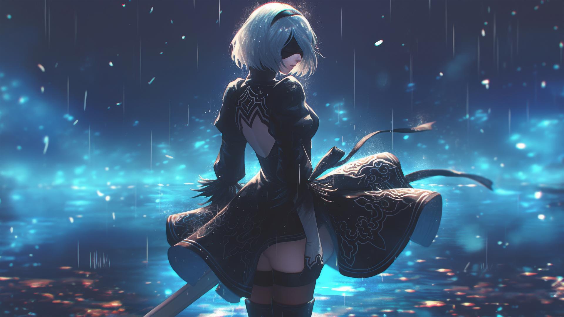 2B from Nier stands by a pool in moonlight, raindrops on surface