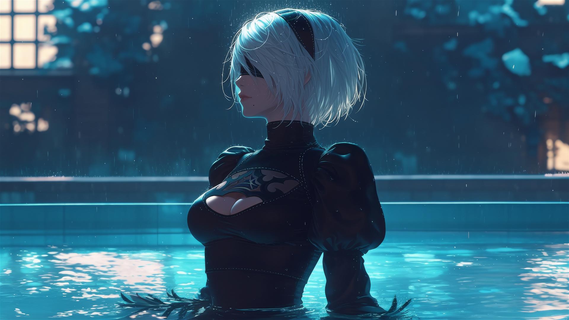 2B from Nier standing at a rainy swimming pool, lit by moonlight
