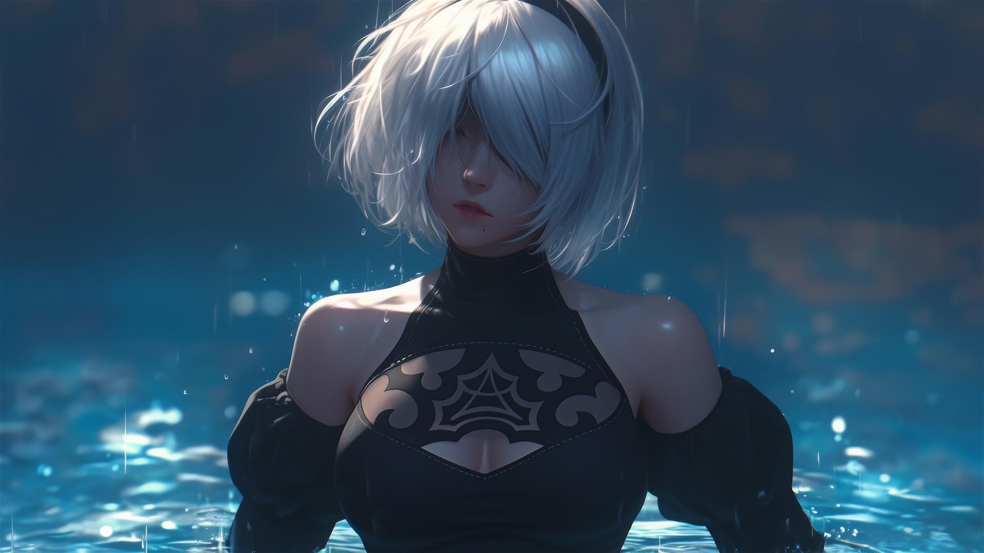 2B from Nier stands leisurely at a rainy swimming pool, moonlight glowing softly.