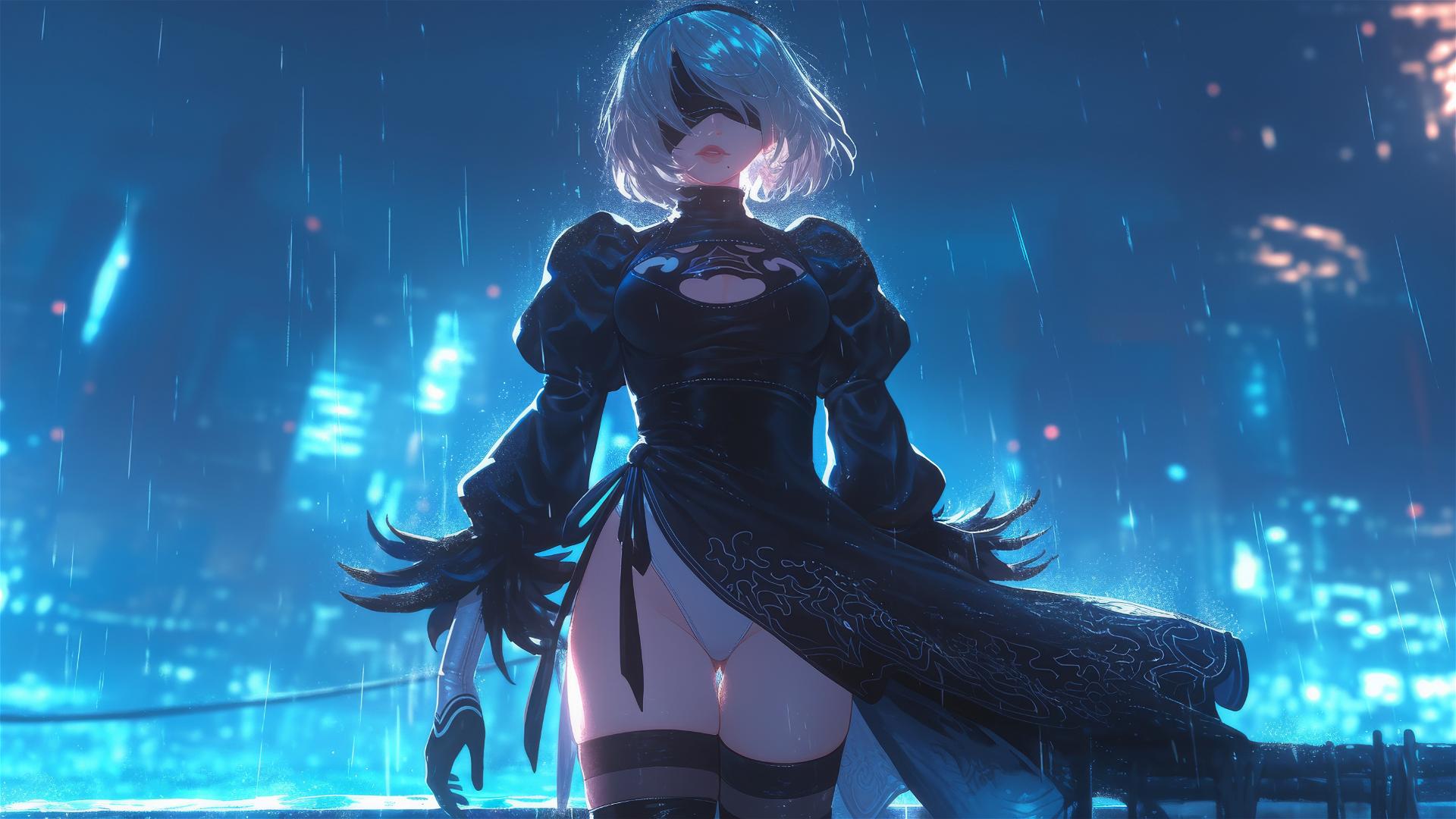 2B from Nier at a moonlit rainy swimming pool