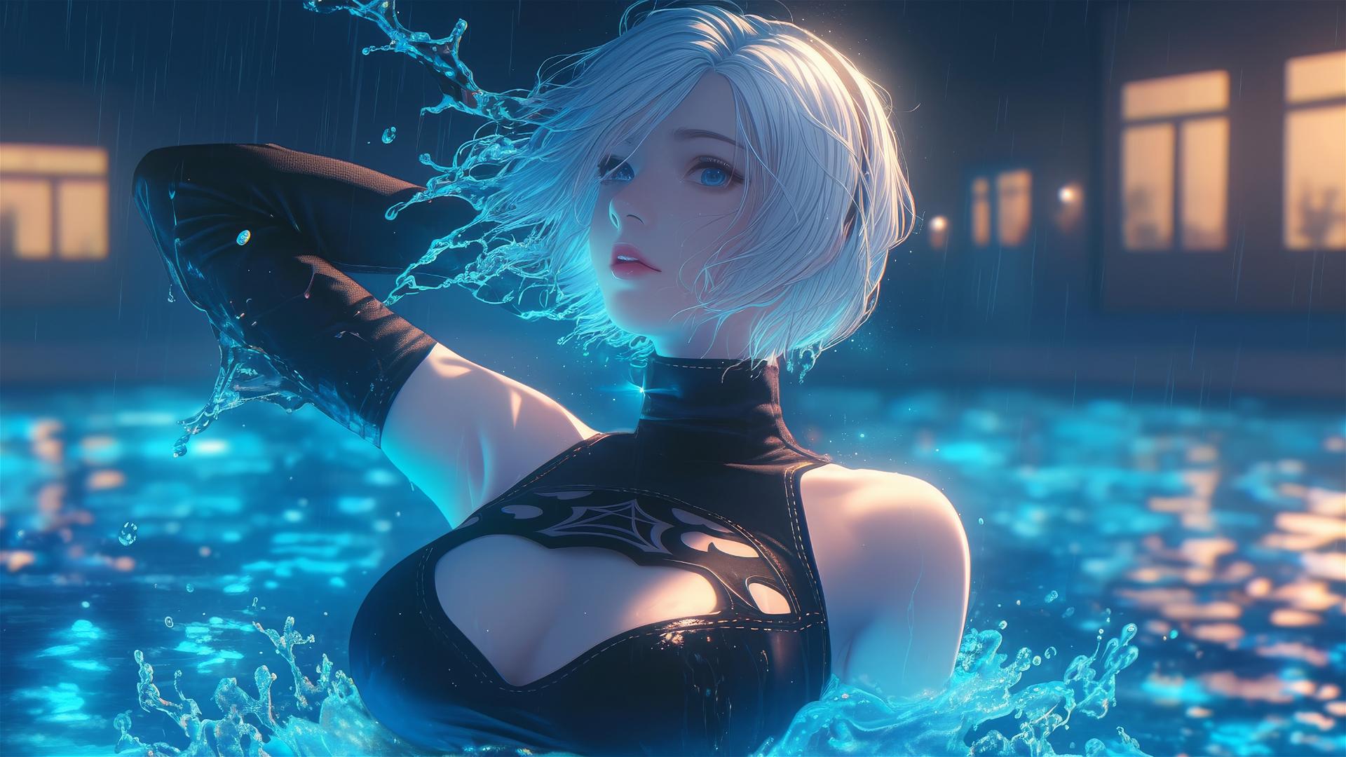 2B from Nier at rainy pool under moonlight