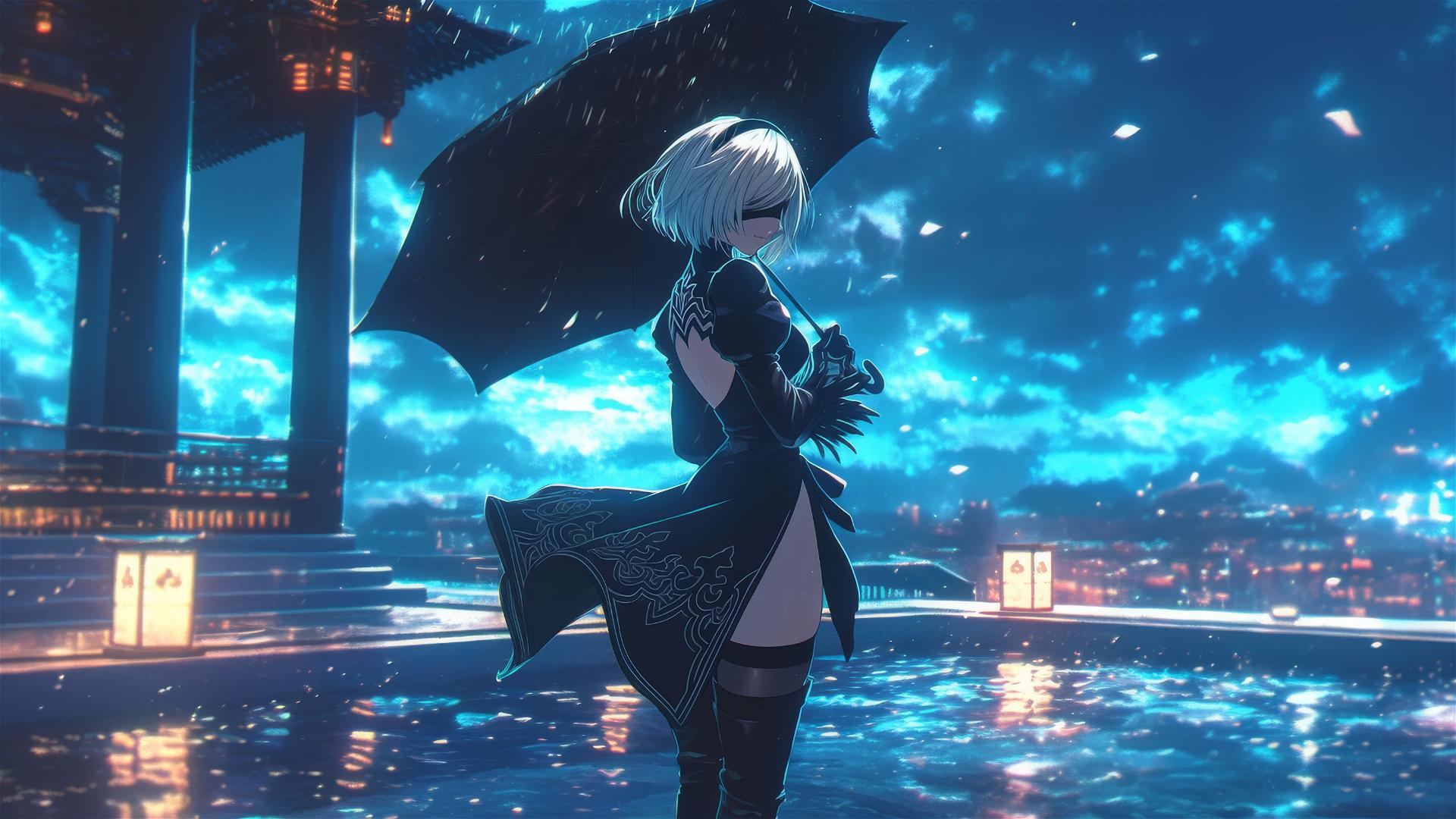 2B from Nier standing by a pool under moonlight and rain