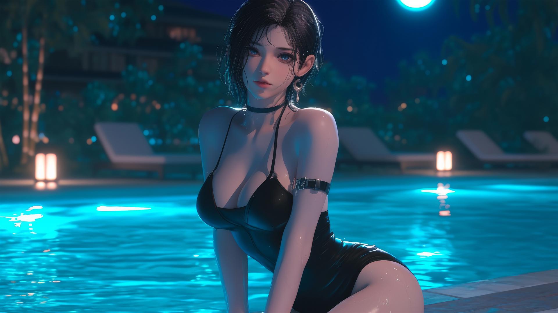 Ada Wong from Resident Evil resting by a rainy swimming pool, moonlight glow.