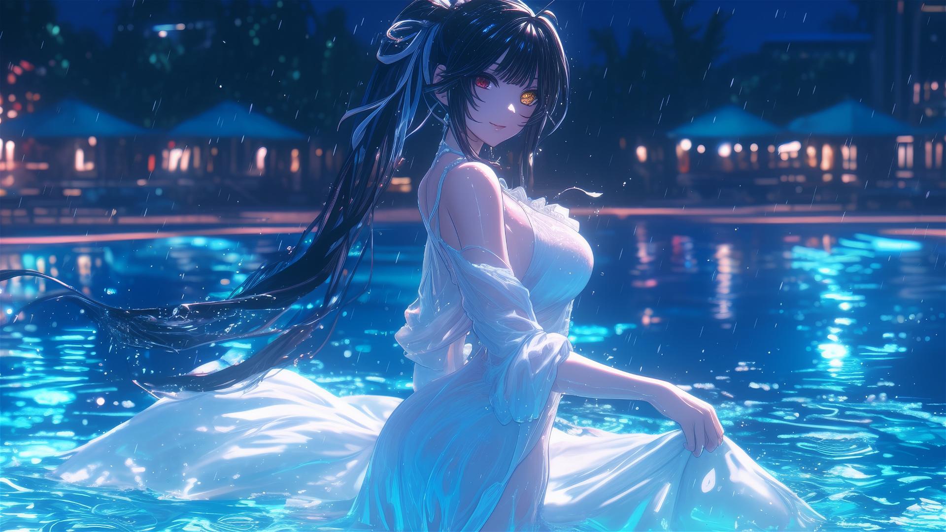 Kurumi Tokisaki standing in a rainy swimming pool under moonlight with dual-colored eyes.