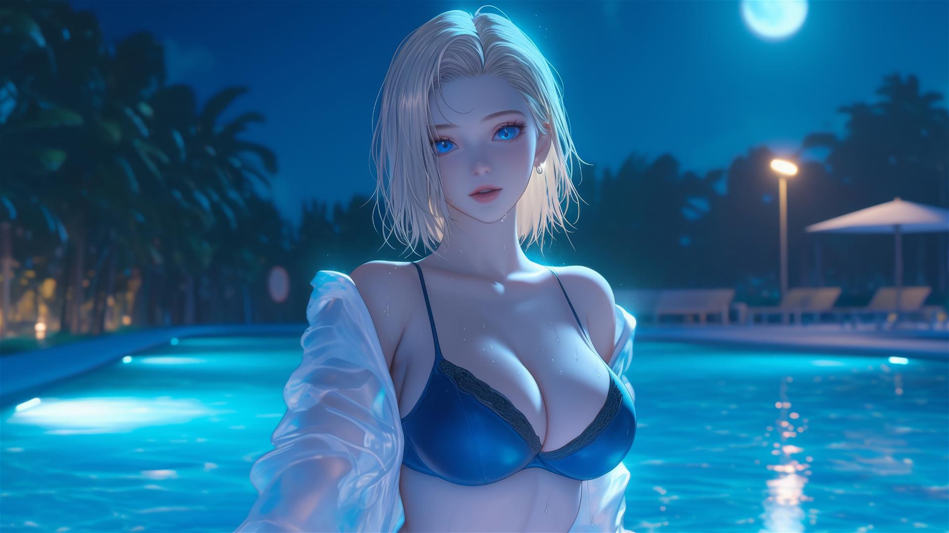 Android 18 resting by a rainy pool under moonlight