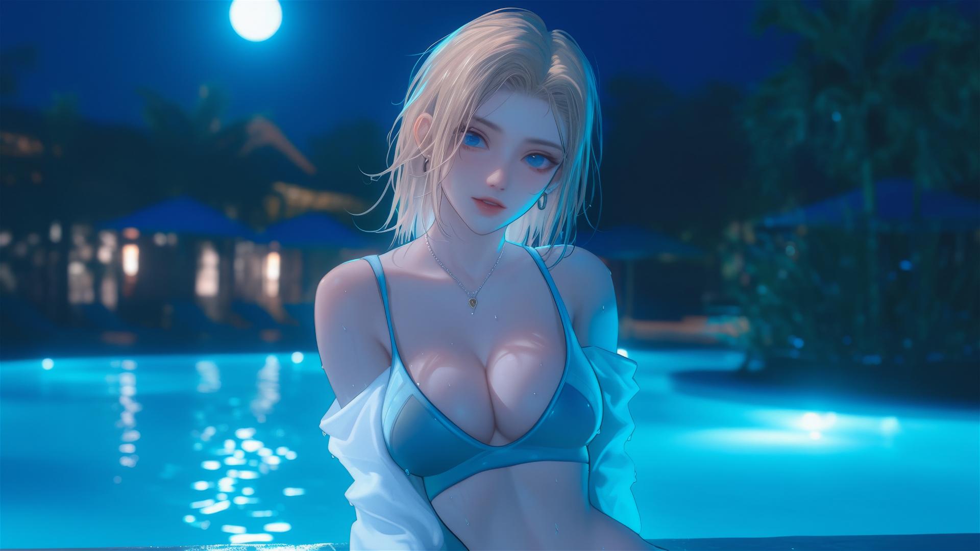 Android 18 resting by pool under moonlight and rain