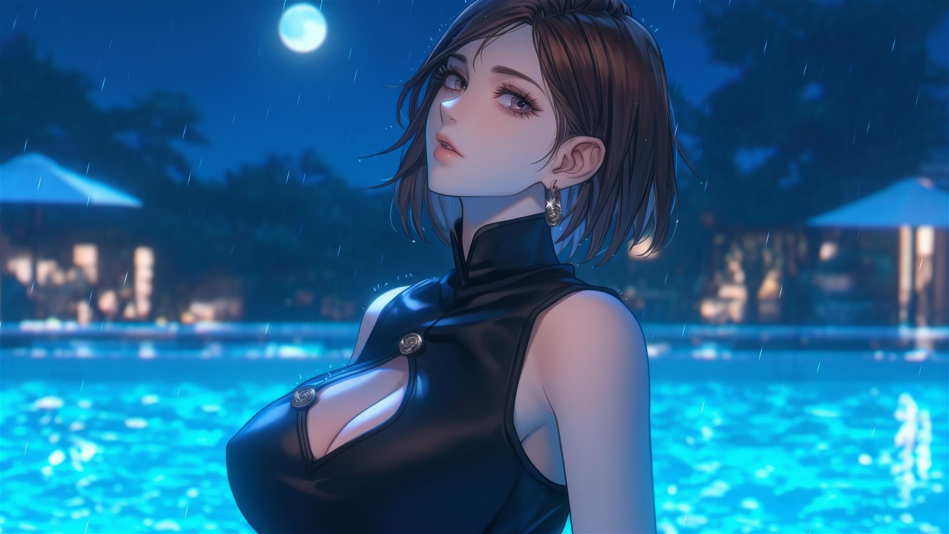 Nobara Kugisaki resting by a moonlit pool, with rainfall