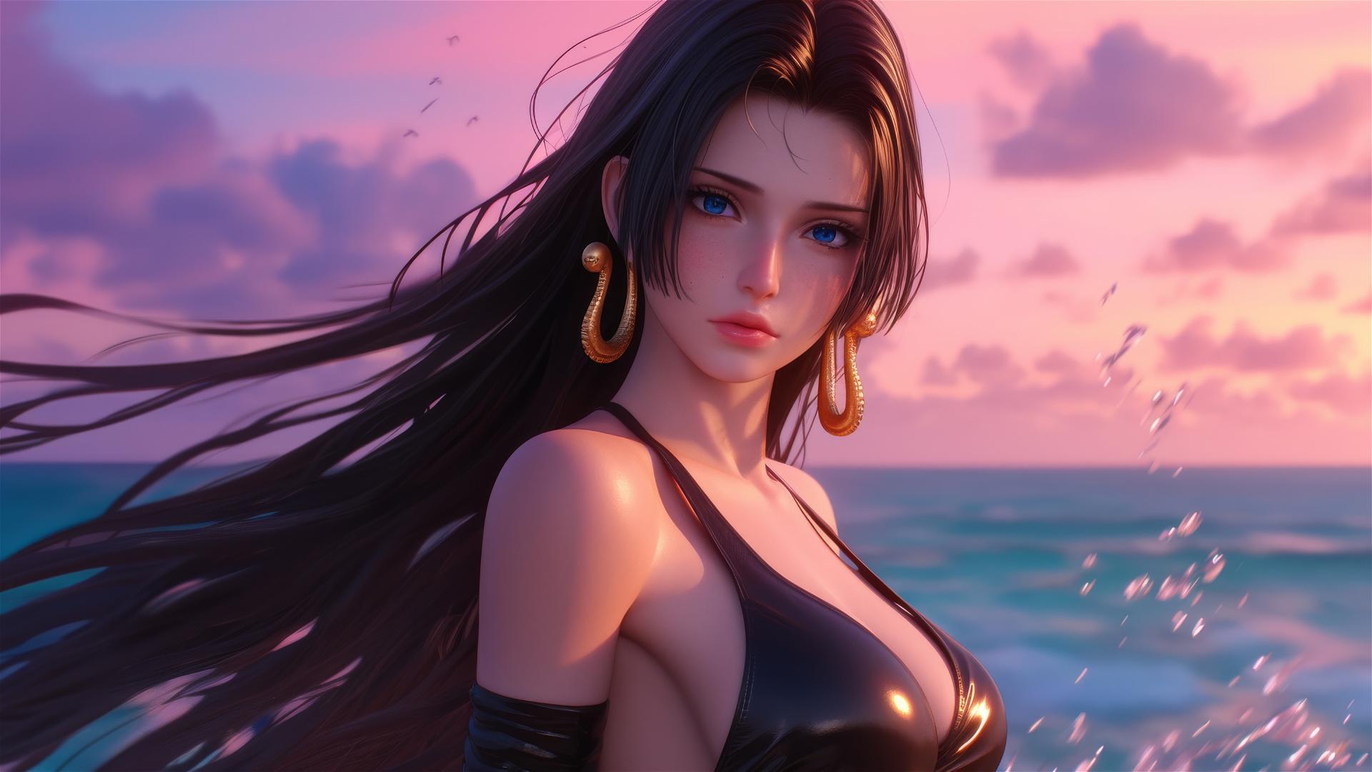 Boa Hancock strides on beach at sunset, neon pink sky