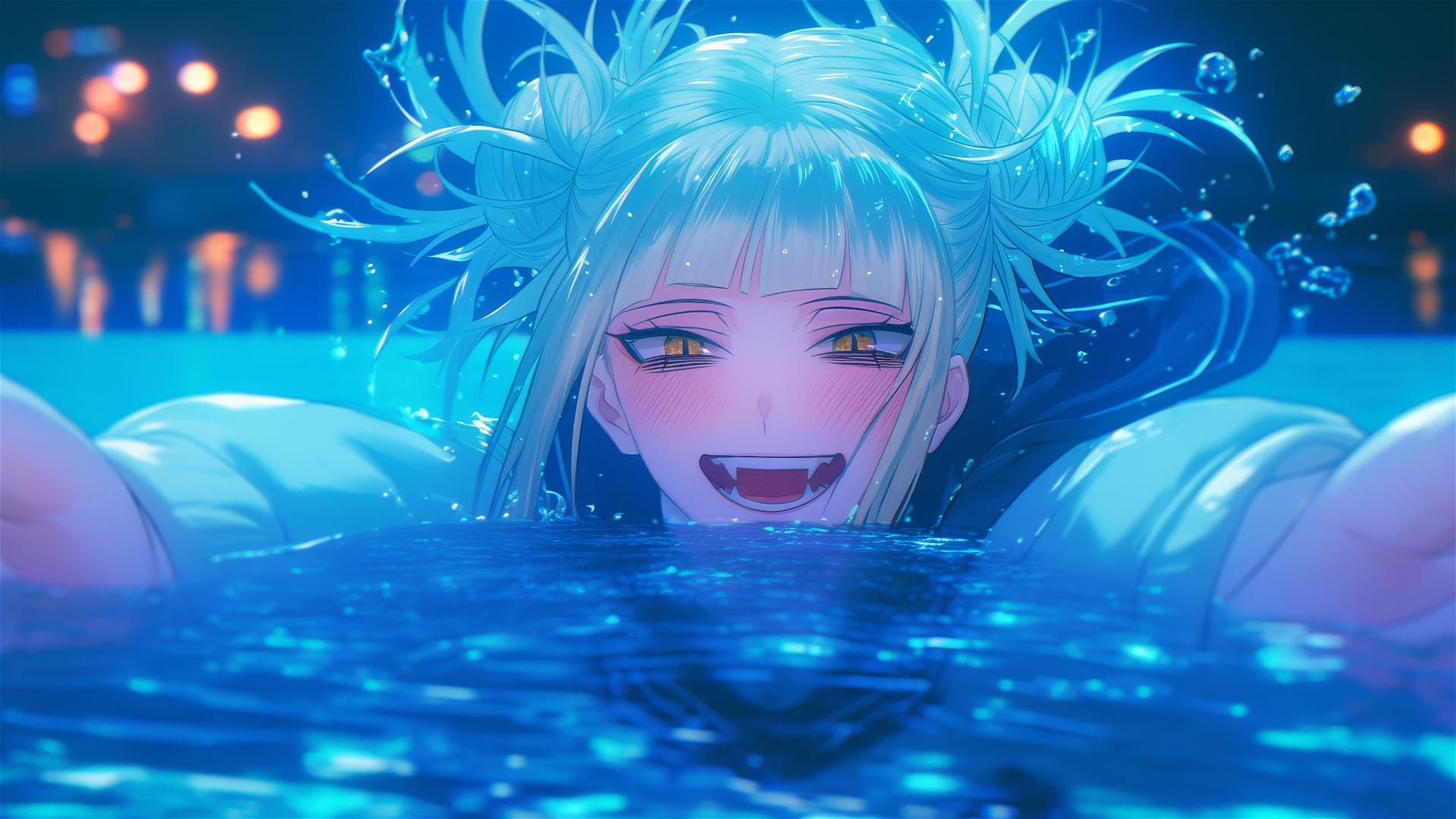 Himiko Toga leaps from pool under moonlight, her yellow cat-like eyes and vampiric smile gleaming.