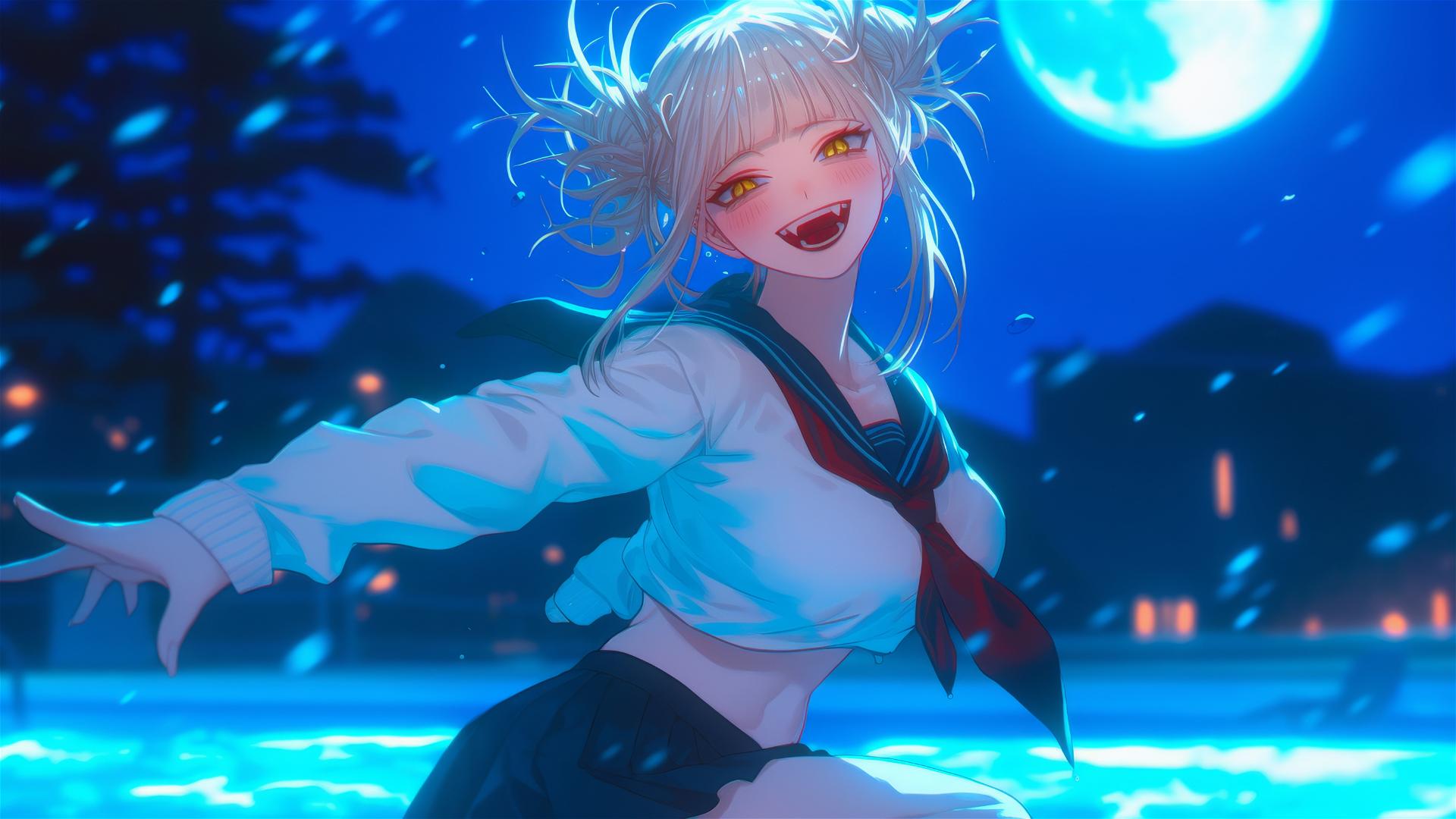 Himiko Toga from My Hero Academia jumping out of swimming pool in moonlight.
