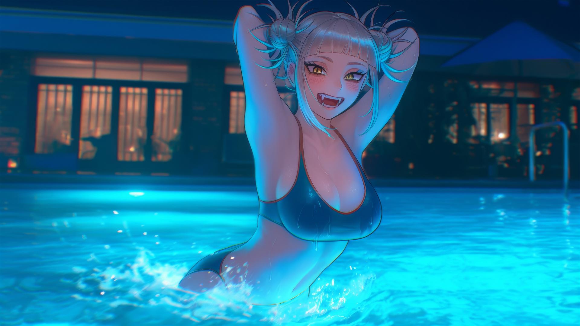 Himiko Toga, a fair-skinned girl with cat-like yellow eyes and ash-blonde hair, emerges from a pool under moonlight.