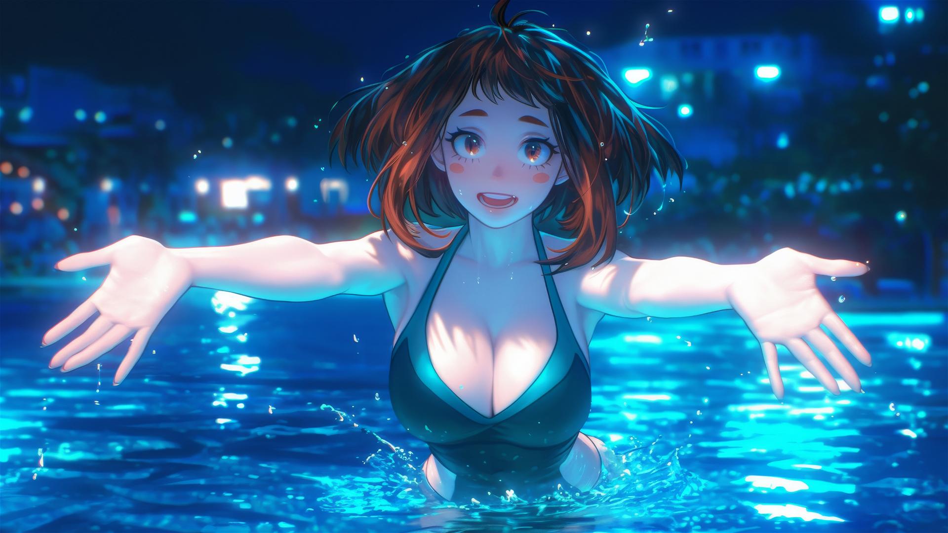 Ochaco Uraraka from My Hero Academia jumping in moonlit pool