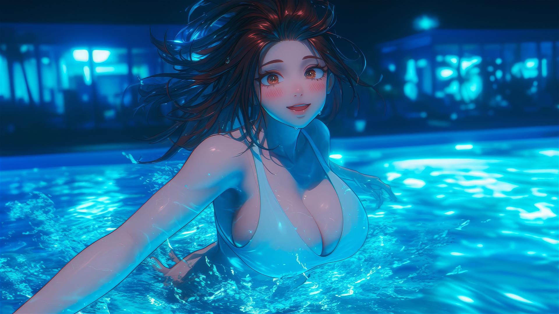 Ochaco Uraraka from My Hero Academia jumping out of a swimming pool under moonlight.