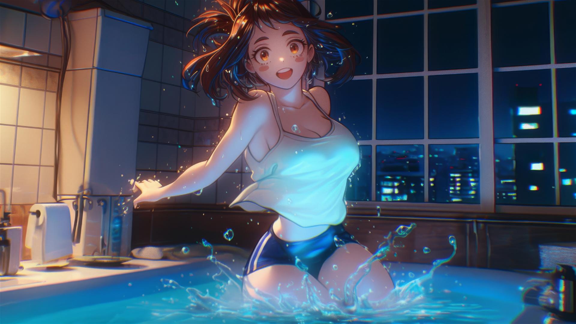 Ochaco Uraraka from My Hero Academia jumps out of a tub in warm light.