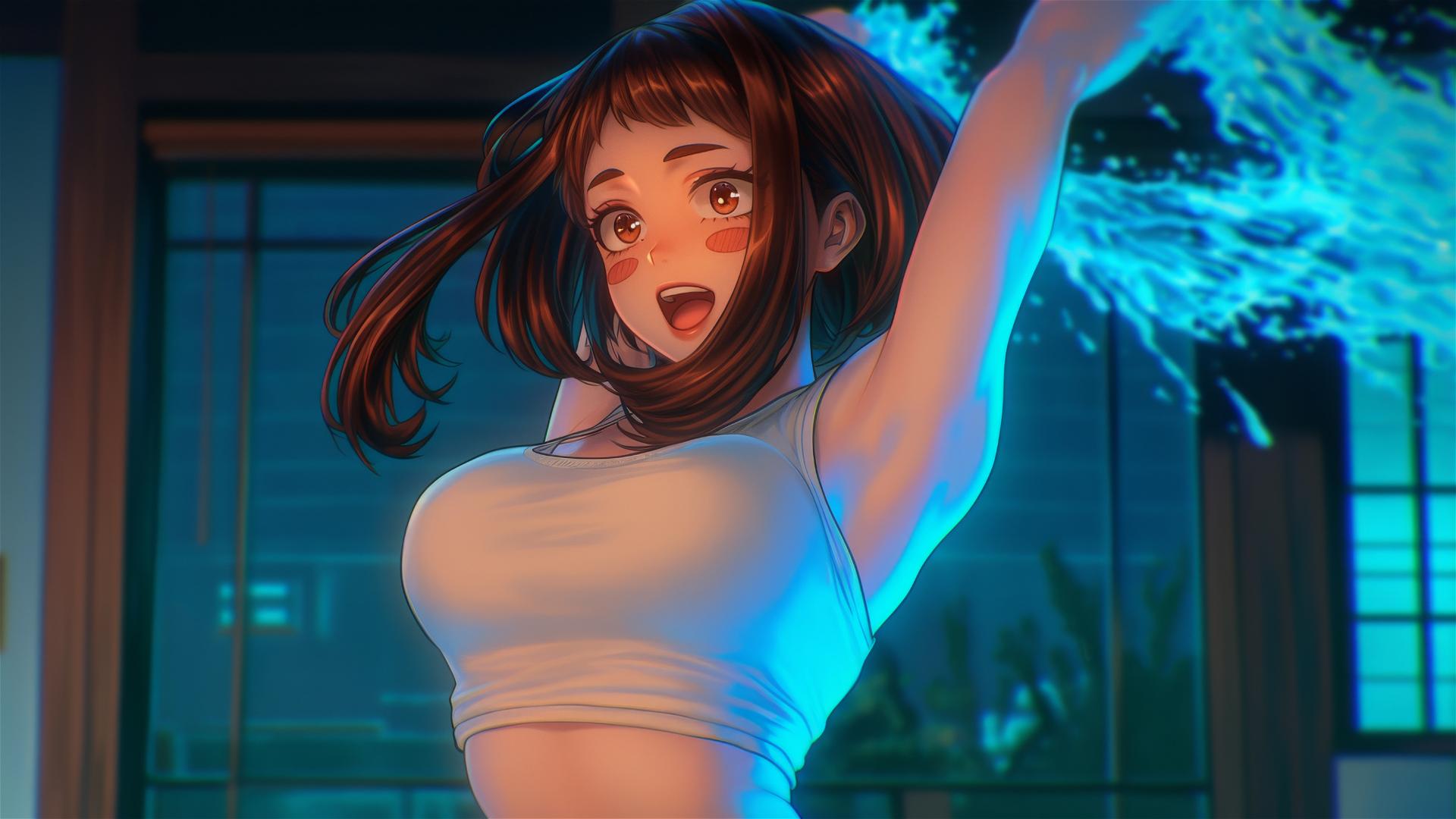 Ochaco Uraraka jumping out of a tub in her apartment, warm light glowing