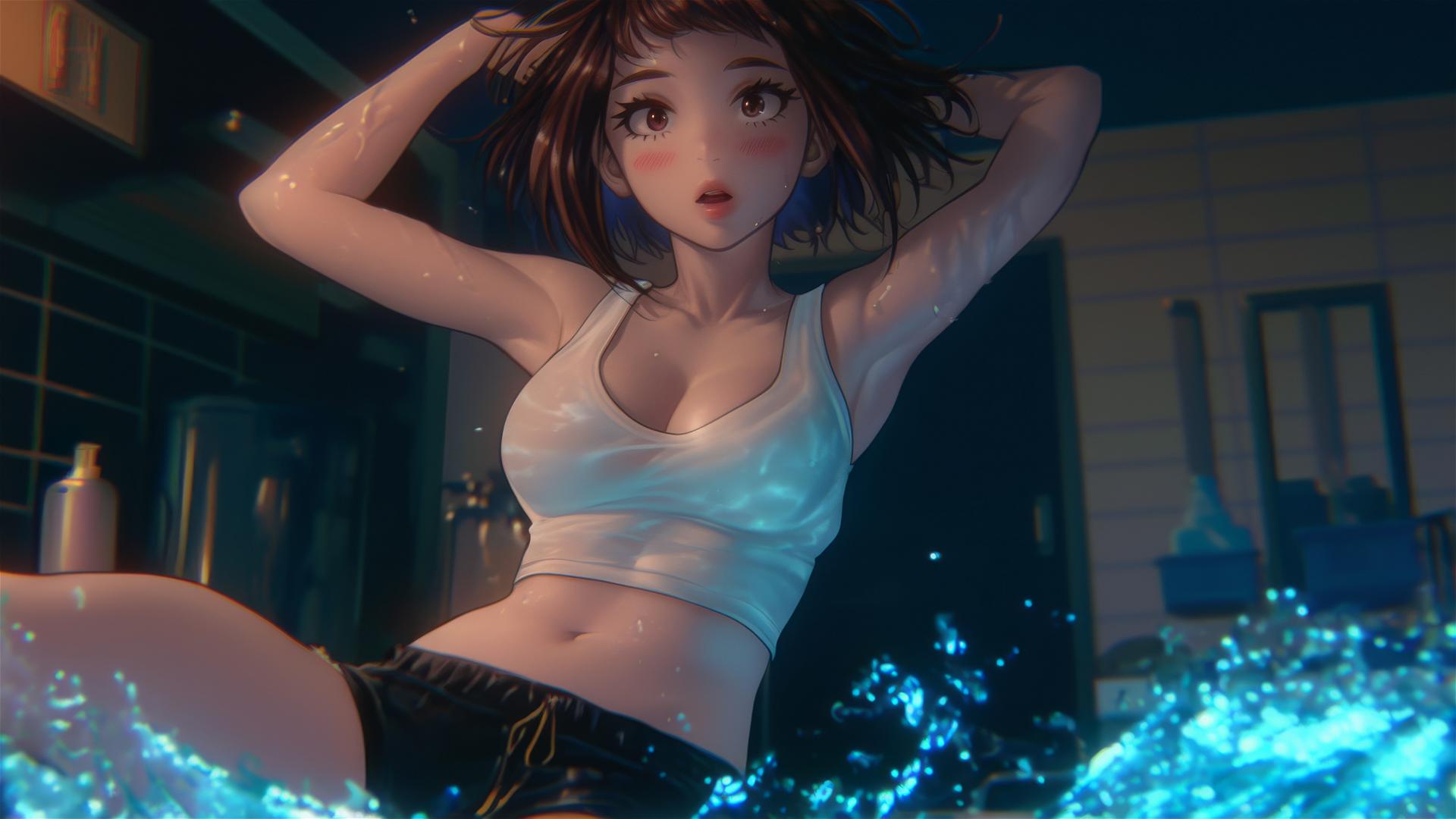 Ochaco Uraraka from My Hero Academia jumping out of a tub in warm lighting.