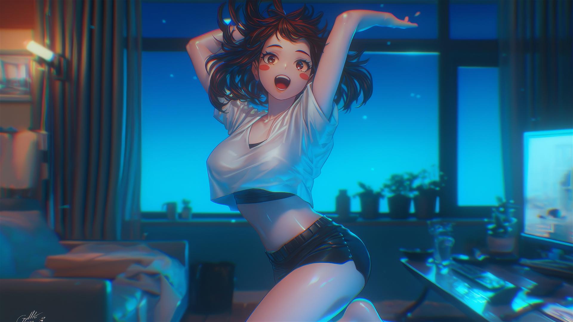 Ochaco Uraraka jumping out of a tub, warm light, auburn hair, pink blush.