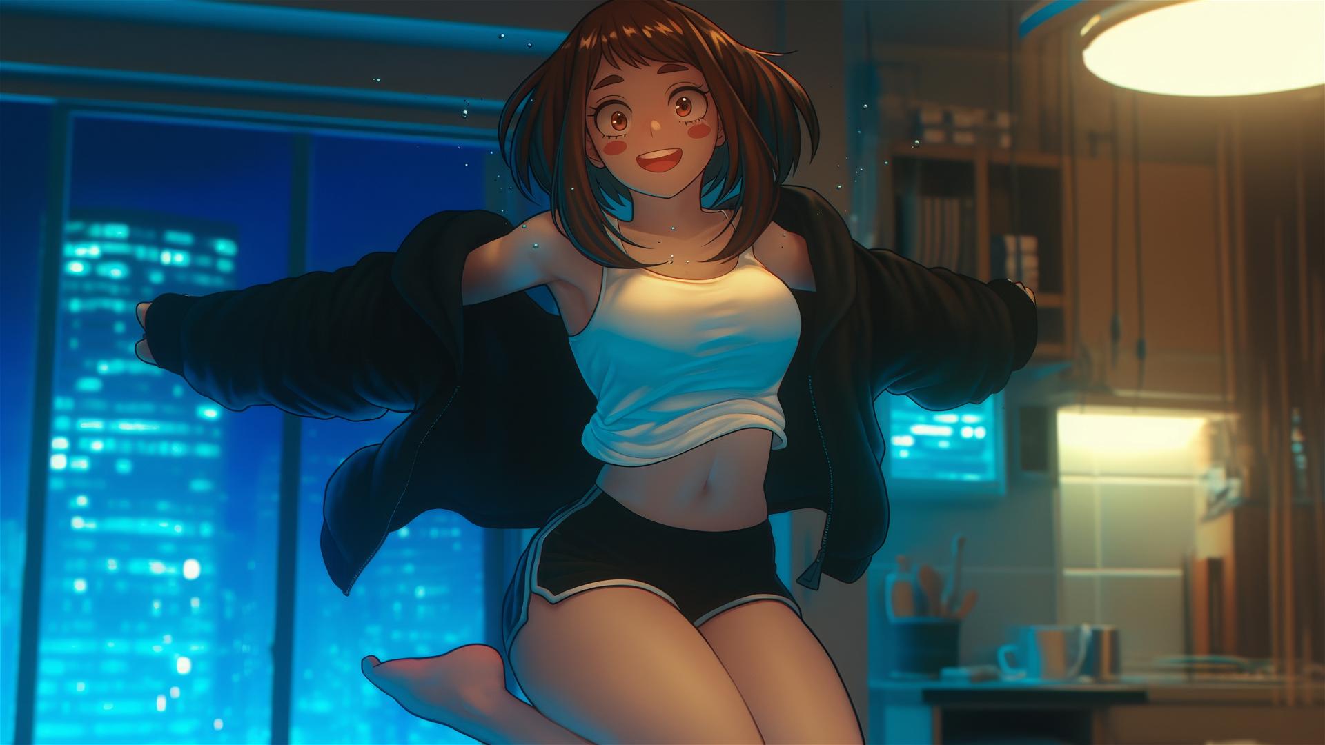 Ochaco Uraraka jumping with auburn hair in a soft glow