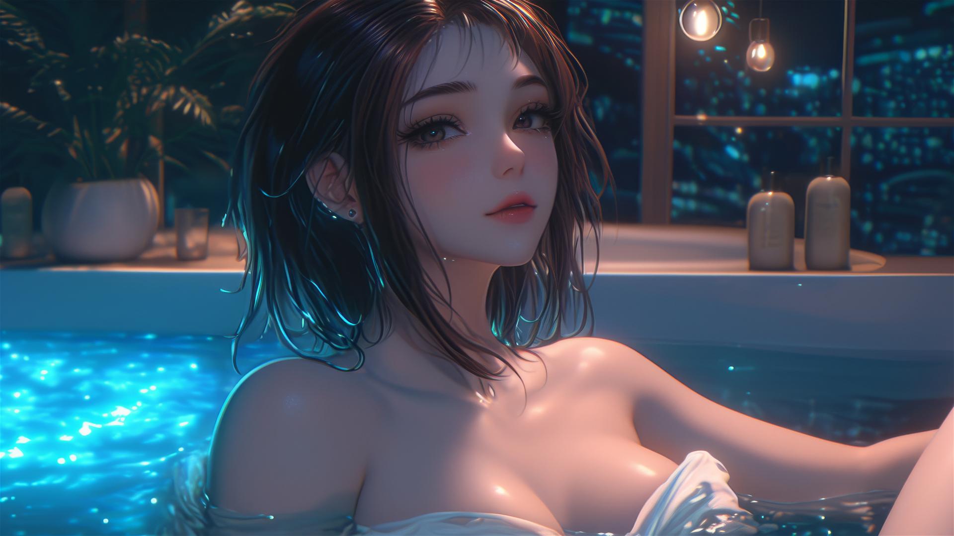 Ochaco Uraraka from My Hero Academia in tub with soft warm light