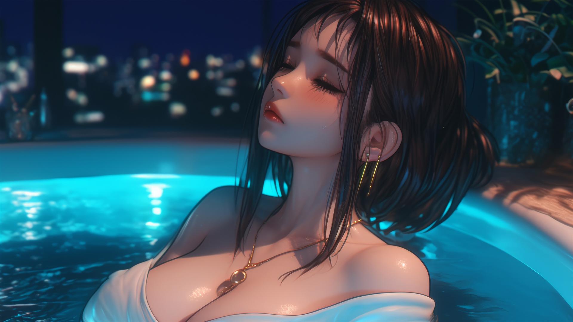 Ochaco Uraraka from My Hero Academia relaxing in a bathtub, with warm light and auburn features.