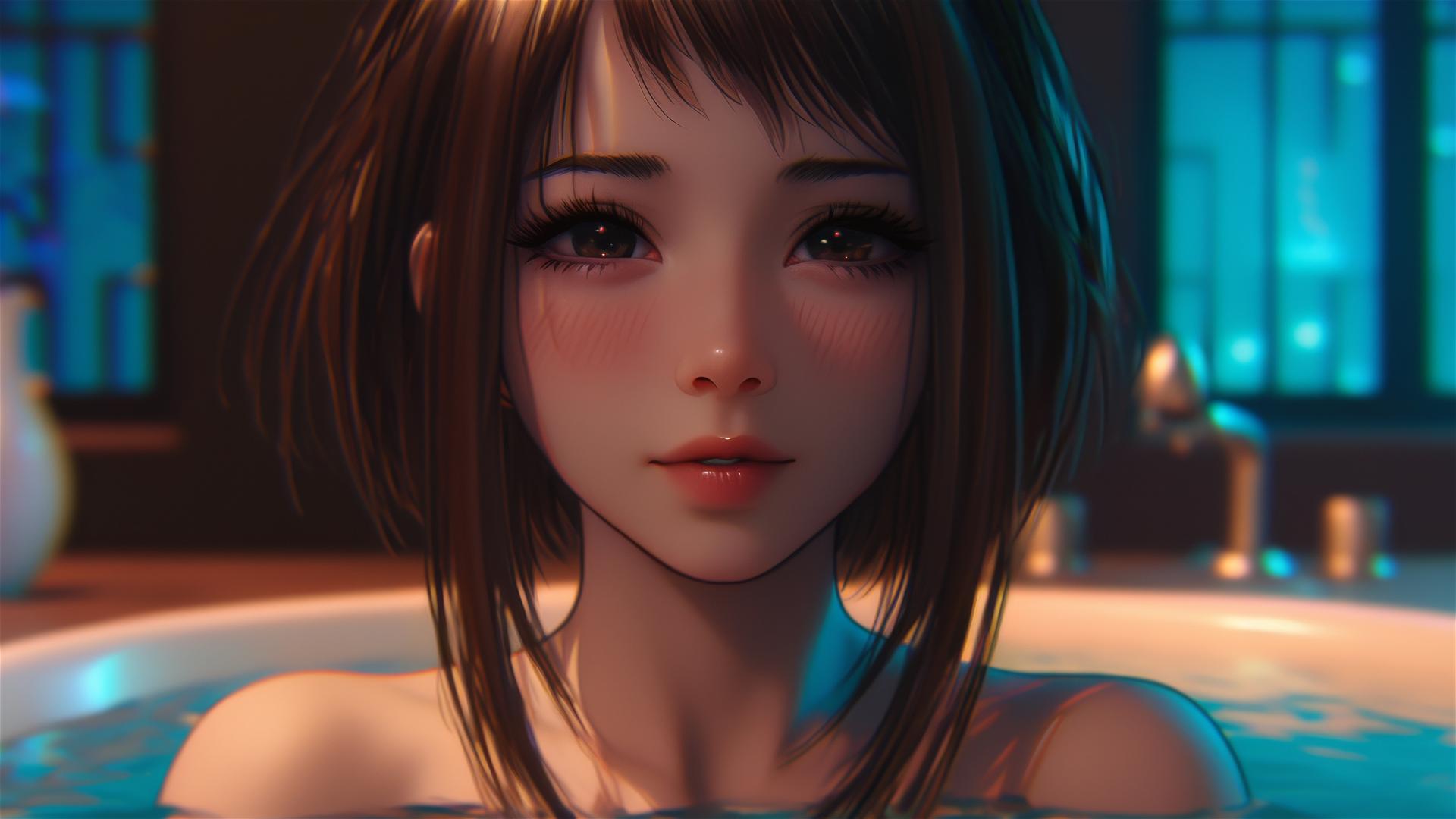 Ochaco Uraraka from My Hero Academia resting in a tub with warm light glow
