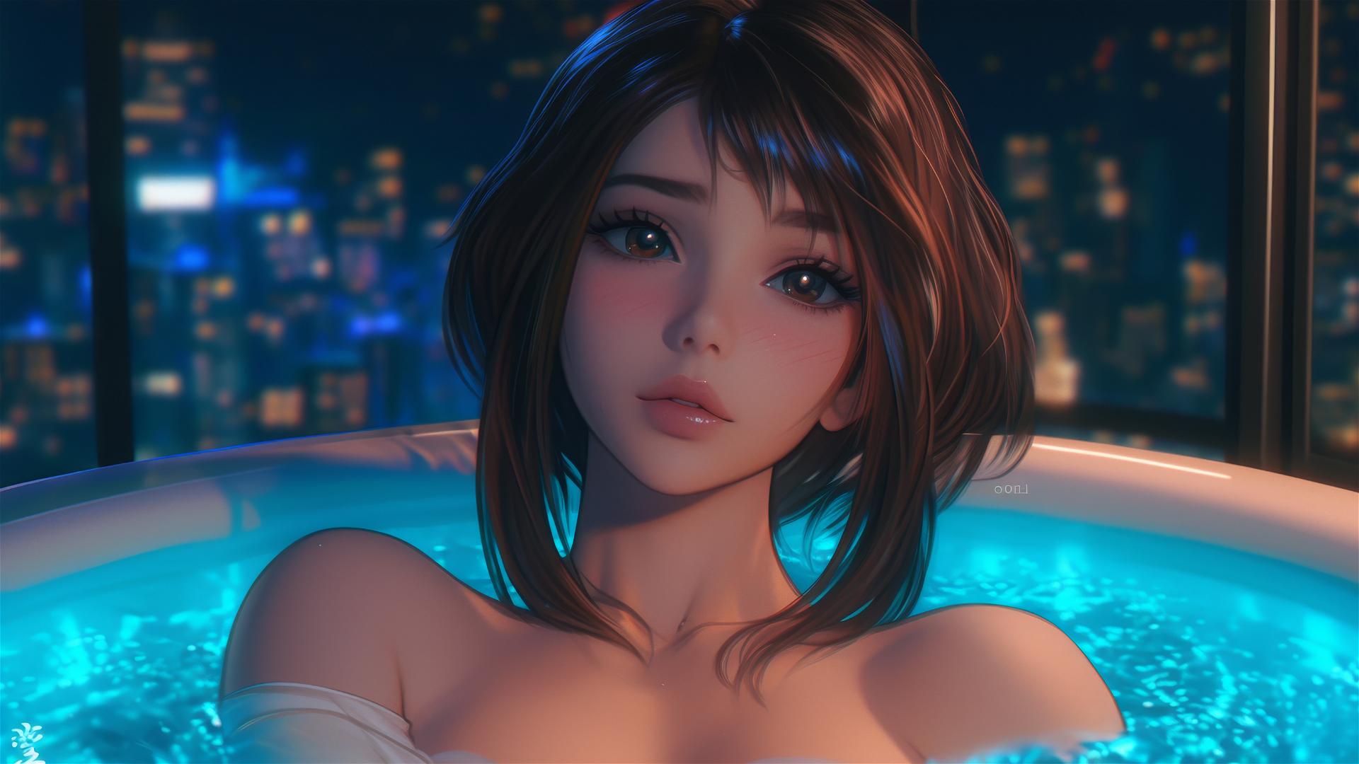 Ochaco Uraraka resting in a tub with warm light and auburn hair