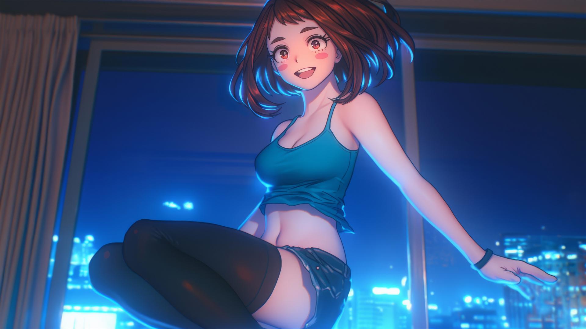 Ochaco Uraraka from My Hero Academia jumping out of tub, warm light glow