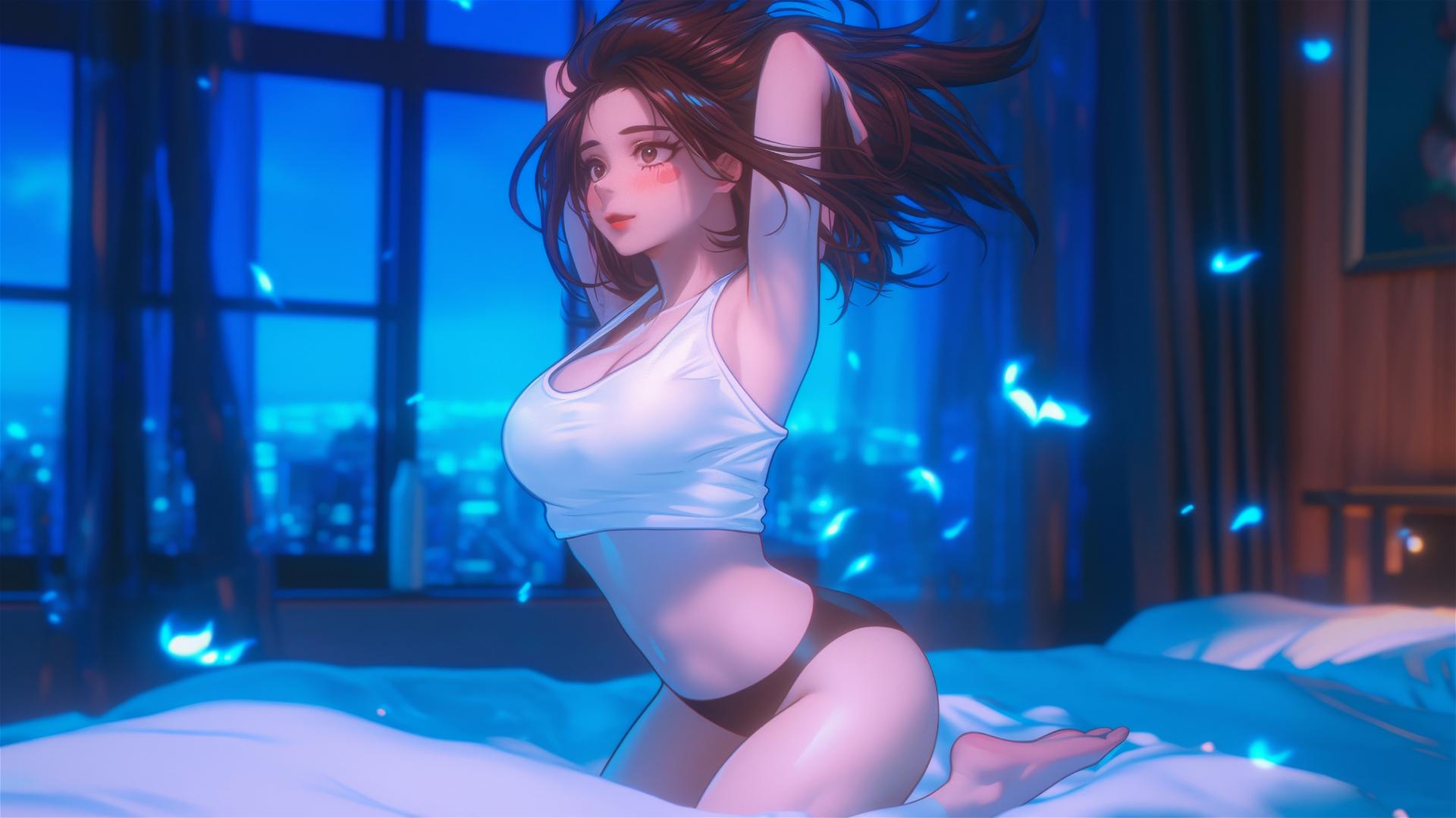 Ochaco Uraraka jumping out of tub with warm light and pink blush