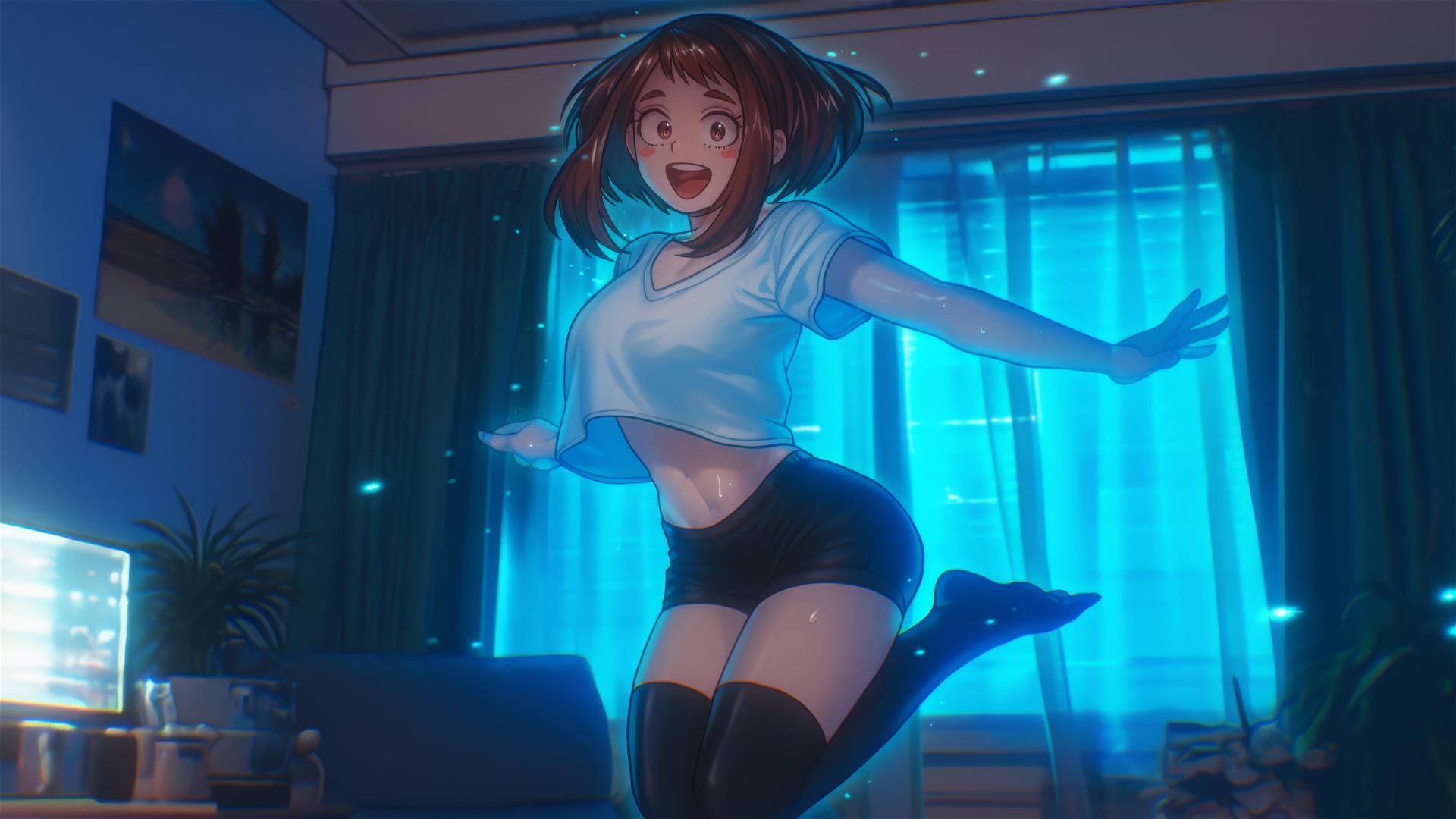 Ochaco Uraraka jumping out of a tub with warm light casting a soft glow
