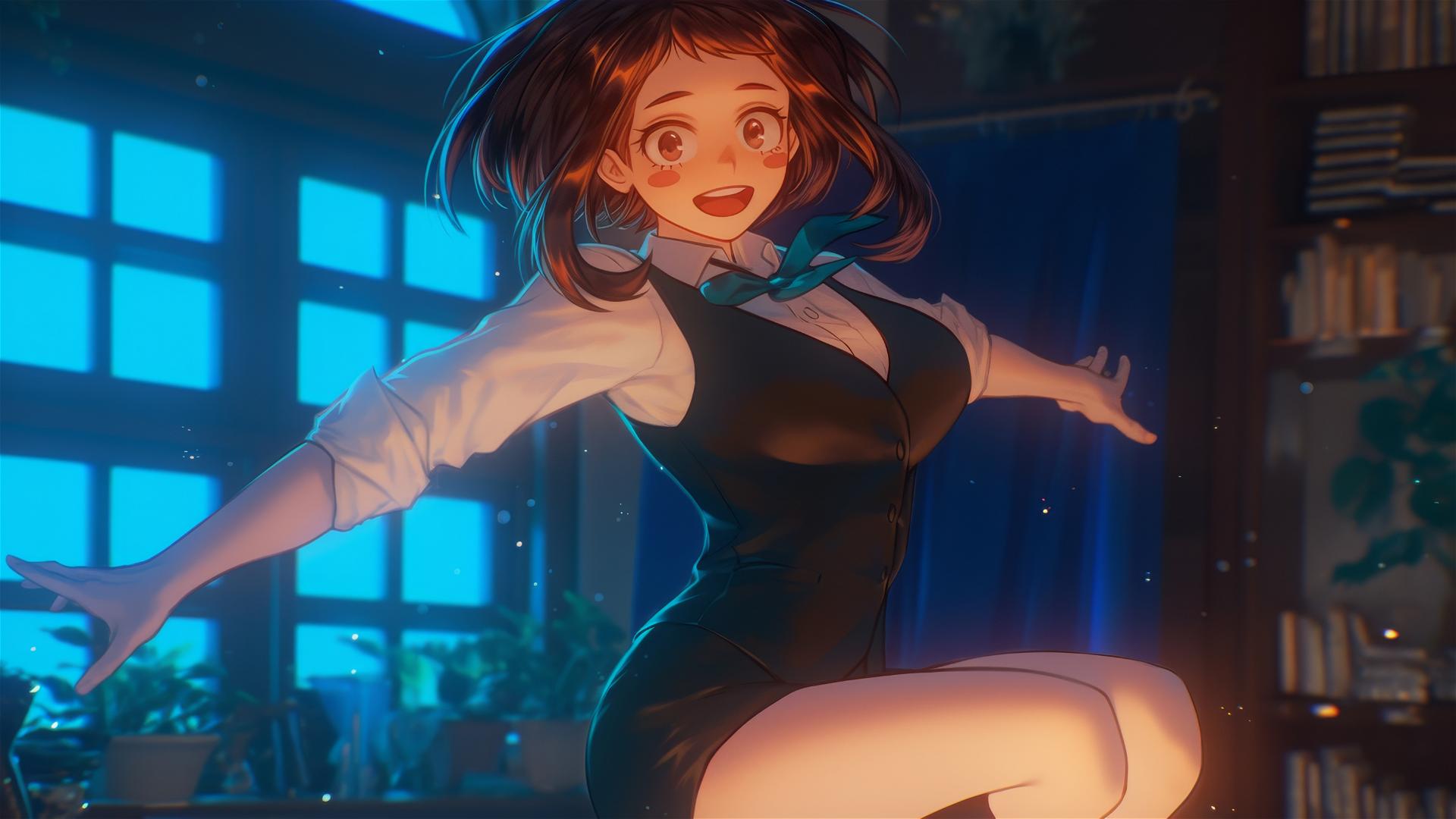 Ochaco Uraraka jumping from a tub, bathed in warm light, auburn hair and eyes, pink blush