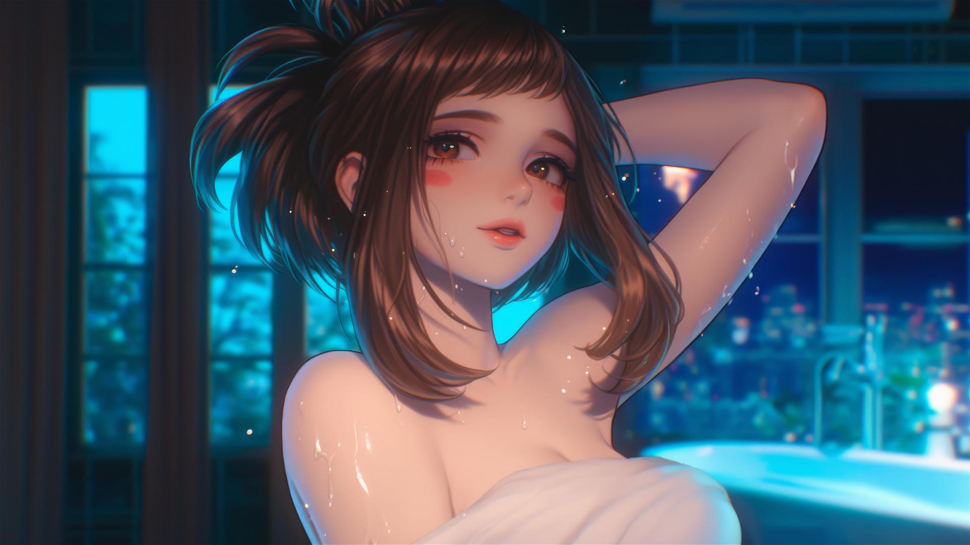 Ochaco Uraraka from My Hero Academia, jumping out of a tub, warm light glow