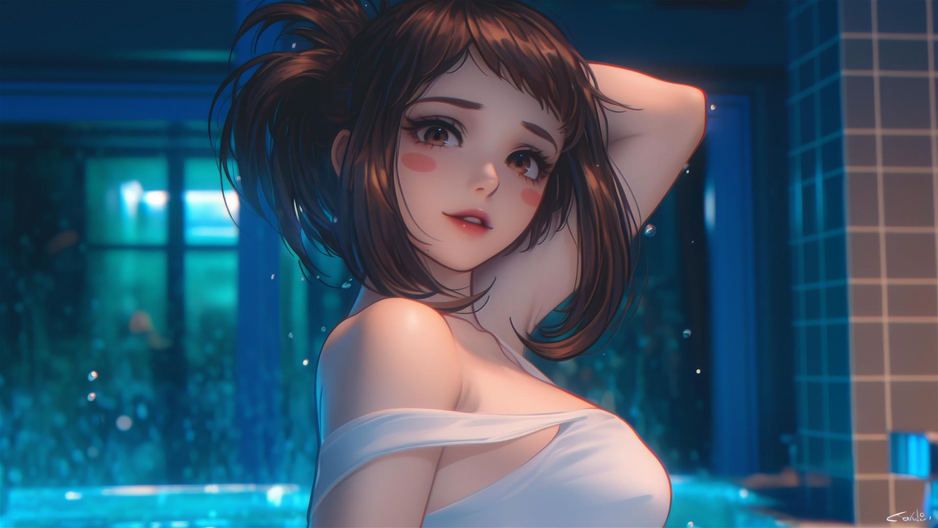 Ochaco Uraraka jumping from a tub, warm light on her auburn hair and pink cheeks