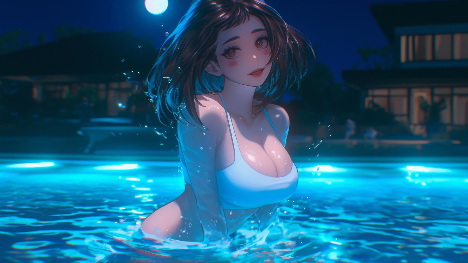 Ochaco Uraraka jumping from a pool under moonlight with auburn hair and pink cheeks