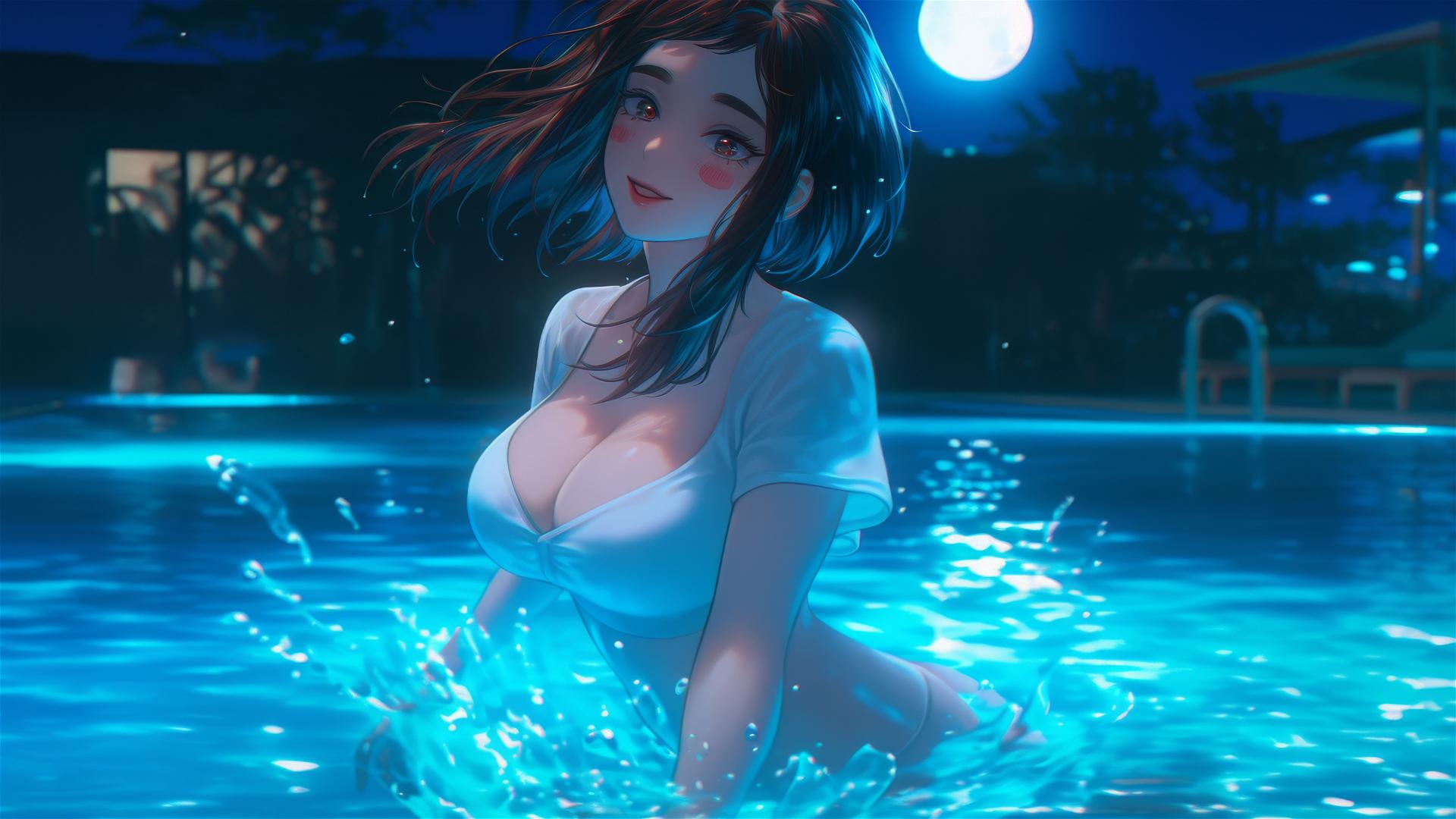 Ochaco Uraraka from My Hero Academia, jumping out of swimming pool under moonlight