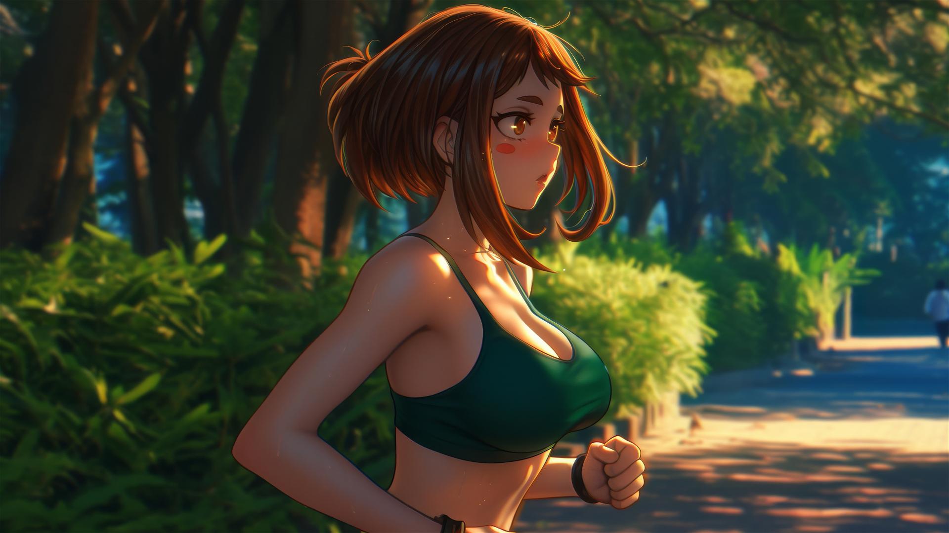 Ochaco Uraraka running in a modern park at sunrise with a soft glow.