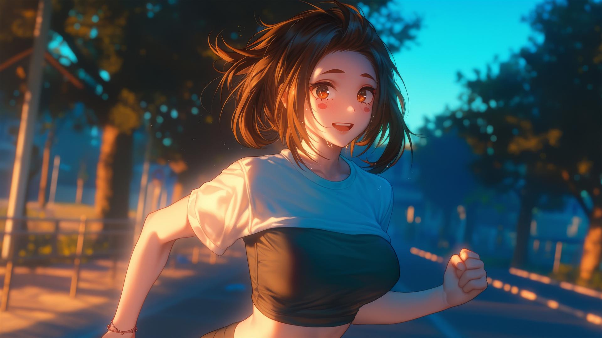 Ochaco Uraraka runs in a quiet park at sunrise, warm light on her figure.
