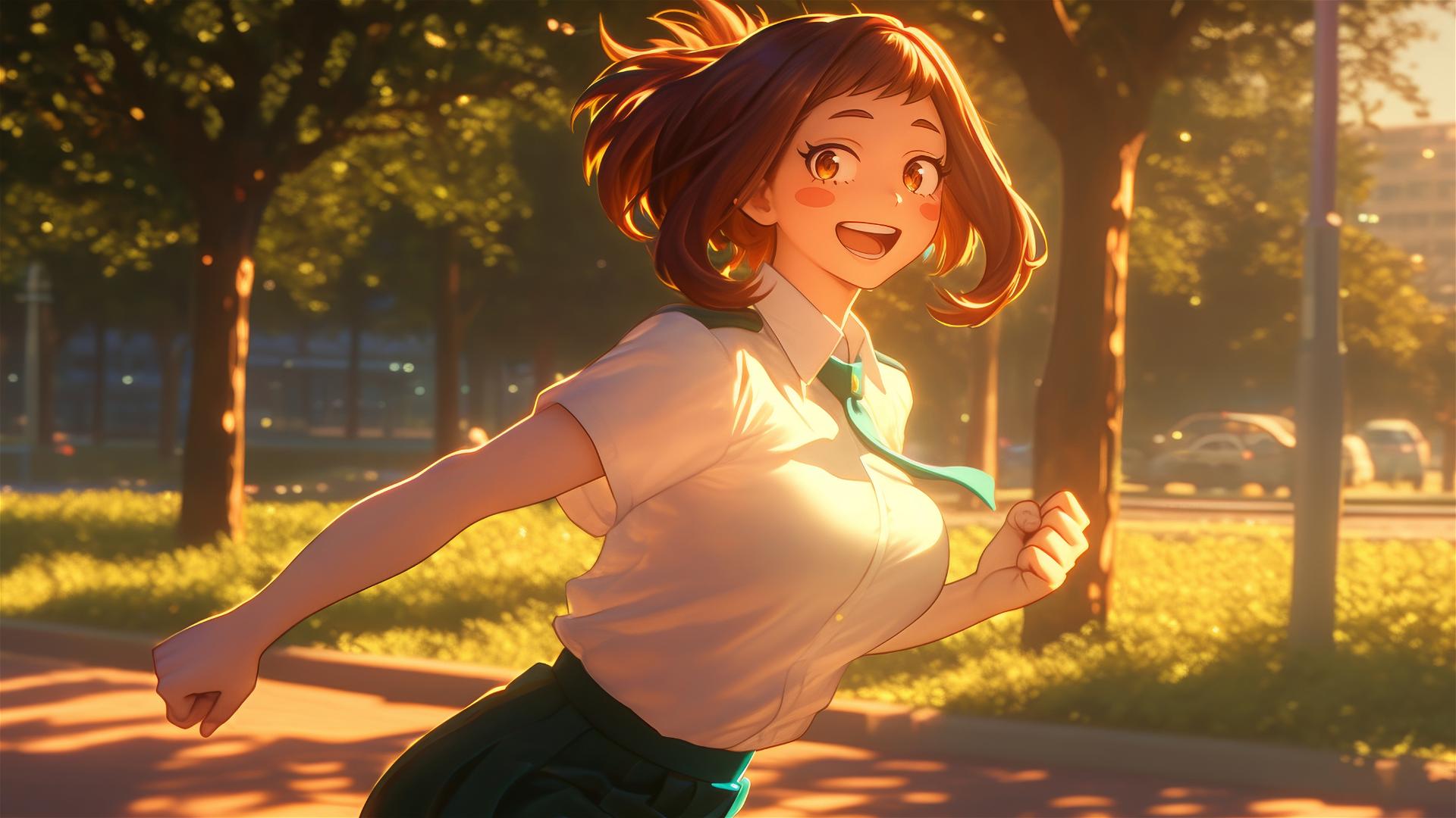 Ochaco Uraraka running in a modern park at sunrise, soft glow, auburn hair, pink blush