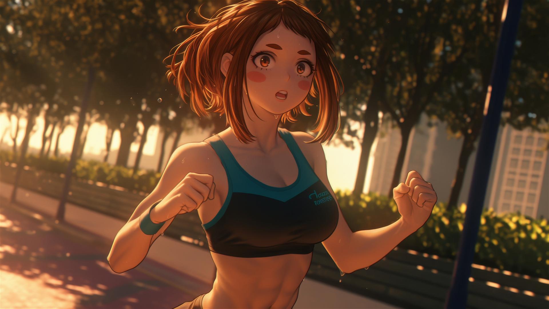 Ochaco Uraraka running in park at sunrise, warm light on her auburn hair.