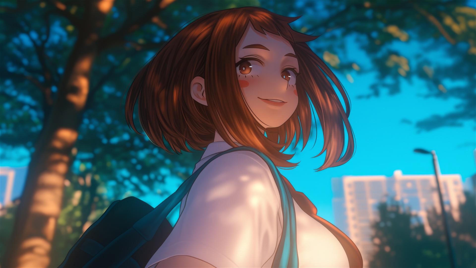 Ochaco Uraraka running in a park at sunrise with warm glow