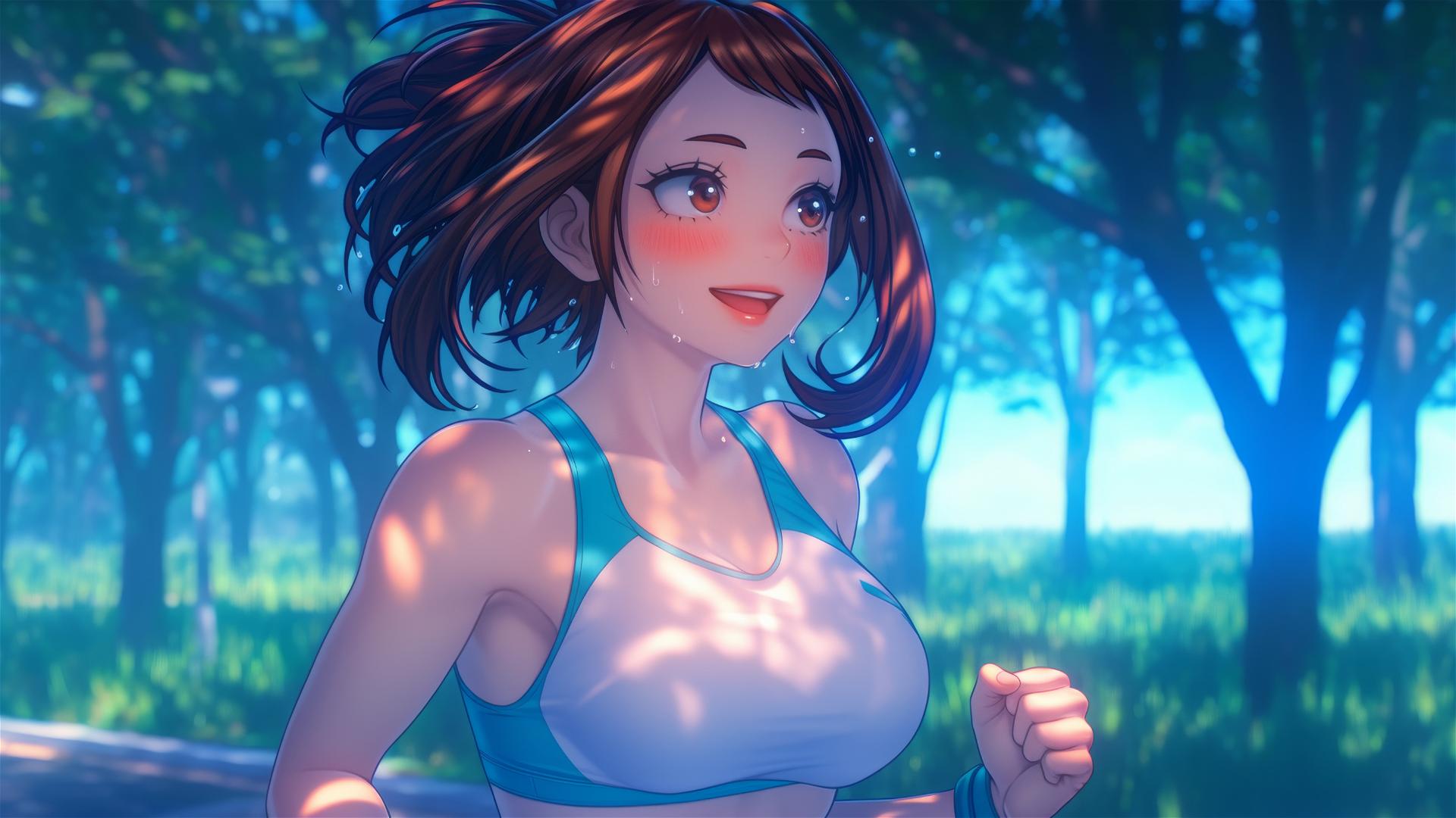 Ochaco Uraraka running in a park at sunrise with warm light on her