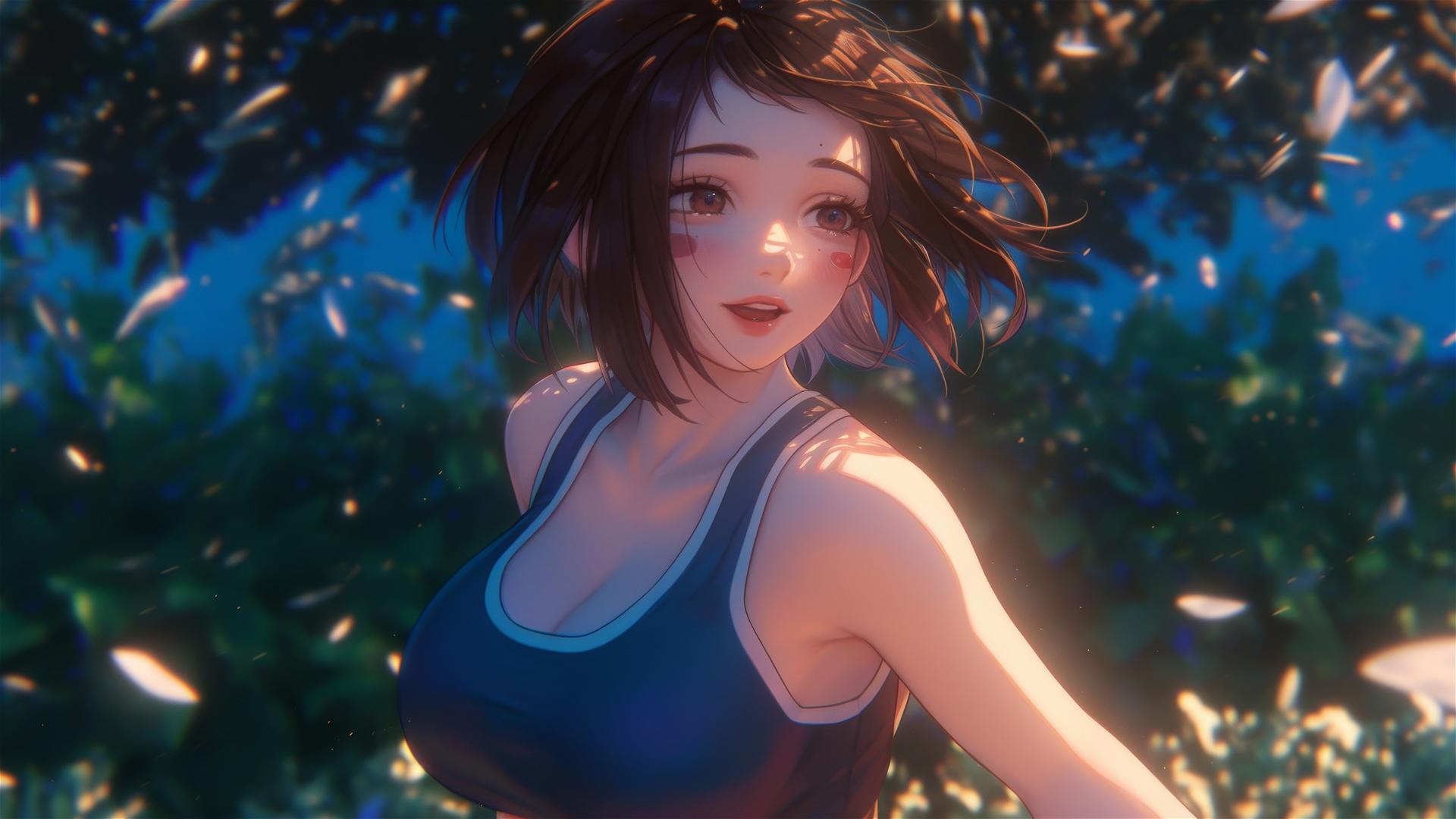 Ochaco Uraraka running in a park at sunrise with auburn hair and pink blush