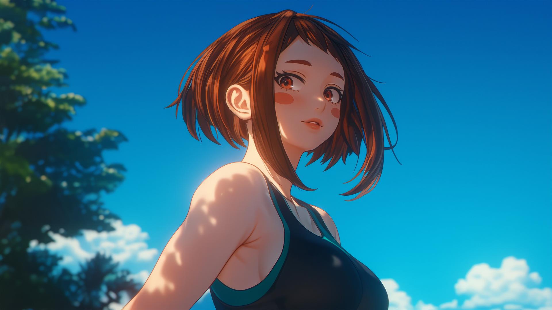 Ochaco Uraraka running in a modern park at sunrise