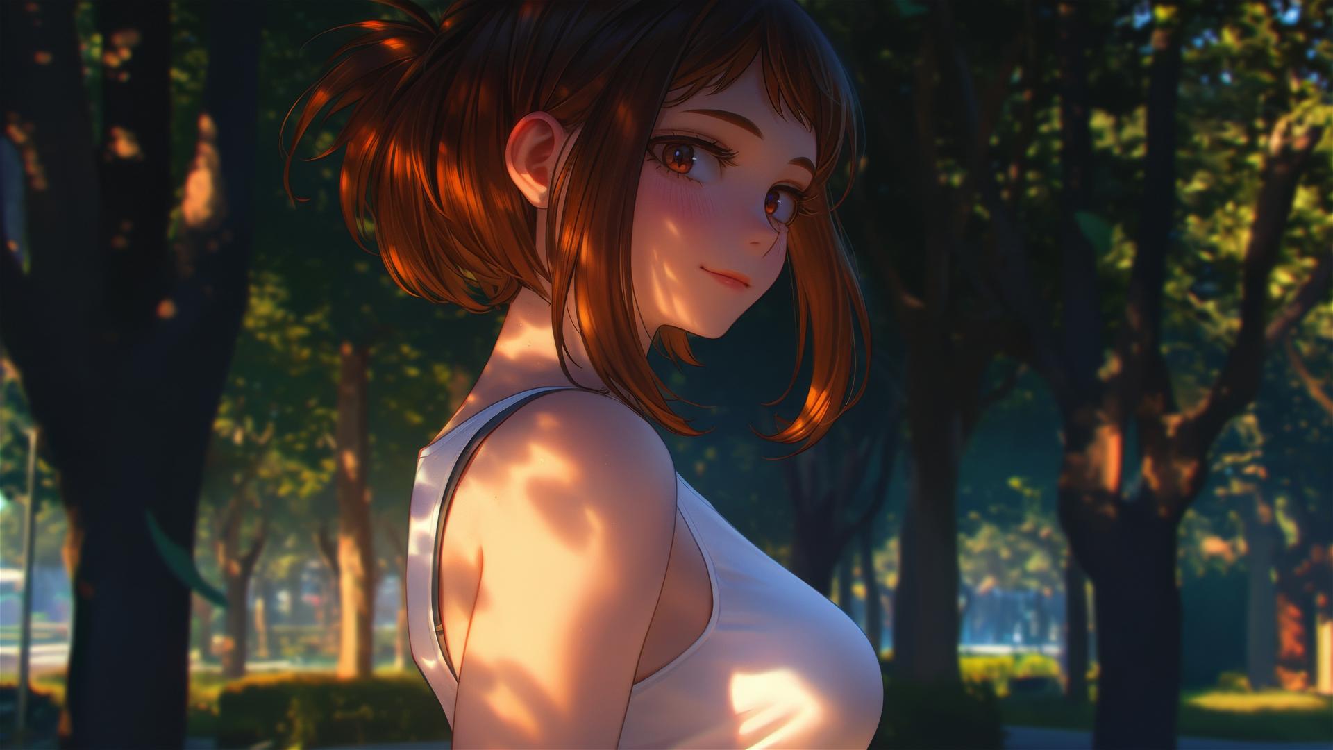 Ochaco Uraraka running in a modern park at sunrise with warm light